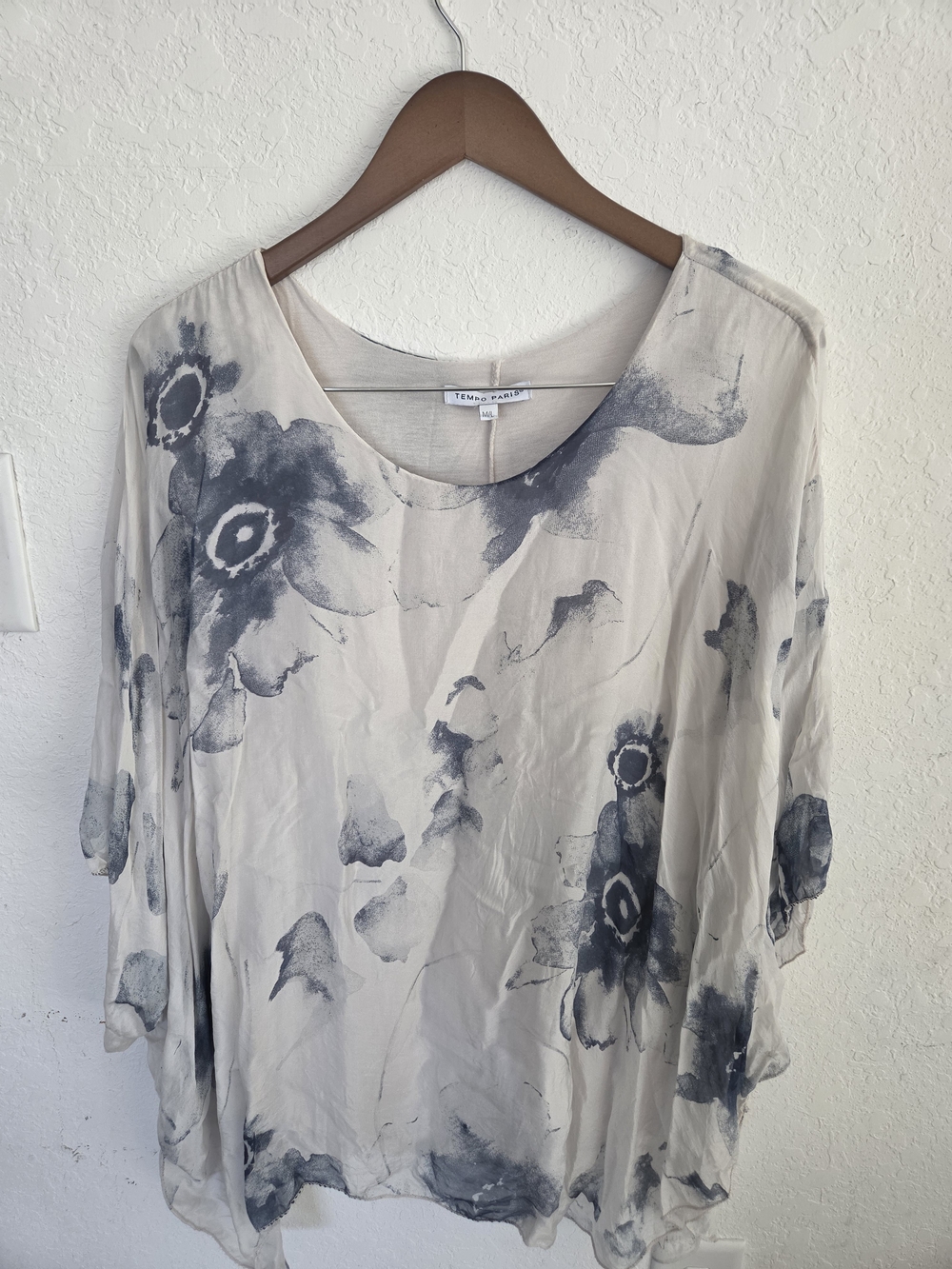 Tempo Paris 100% Silk Womens M/L Lined Floral Tunic Top Made in Italy Boho
